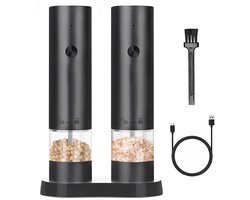 Rivv® Elektrische Zout- en Pepermolen Set - USB-C Oplaadbaar - Automatisch - Instelbare Maalgraad - Inclusief Houder en Reinigingsborstel - Zwart