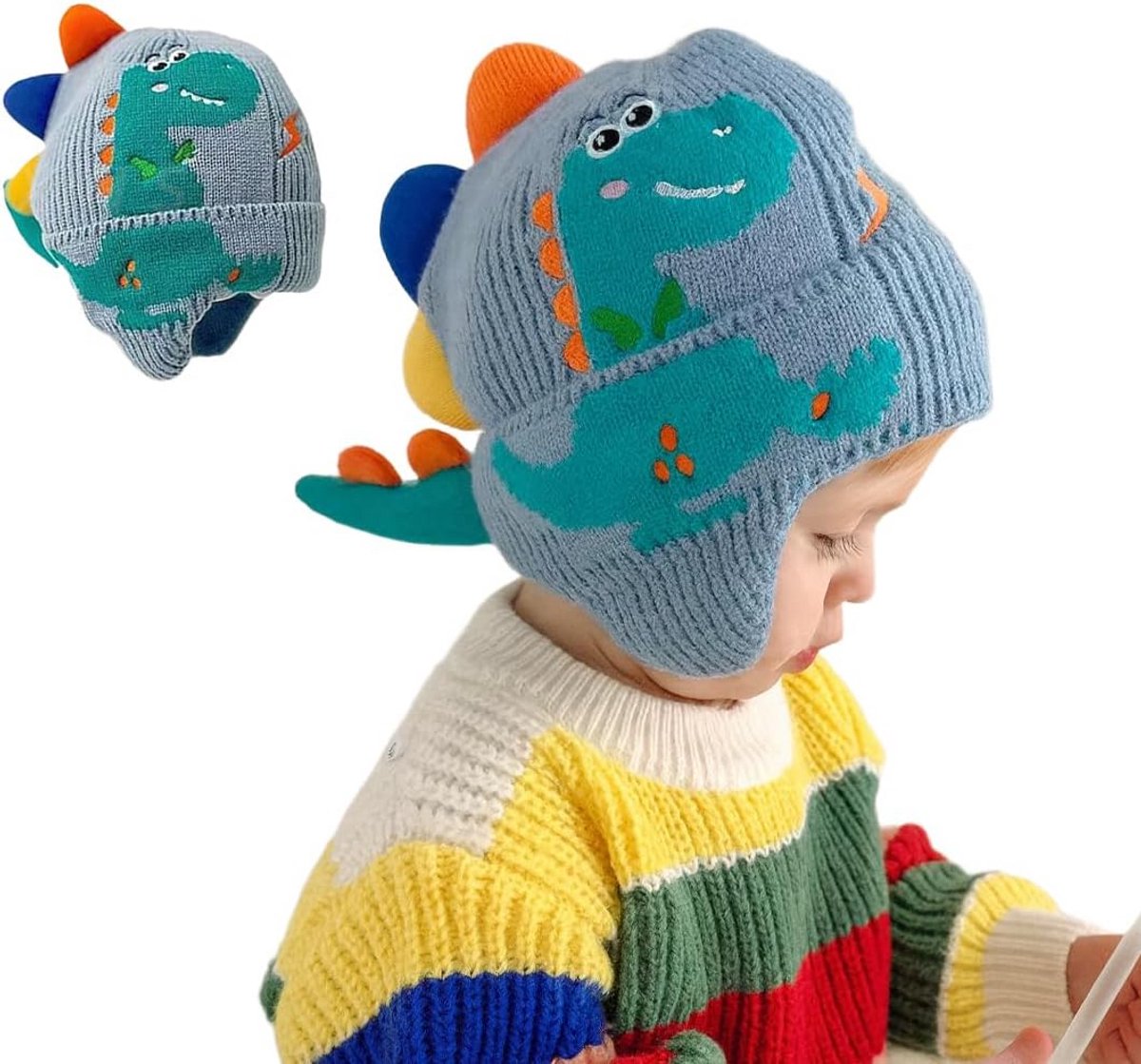 Kinder Muts - Dinosaurus Muts - Warm Blijven - Gebreid Ontwerp - 0-1 Jaar - Blauw