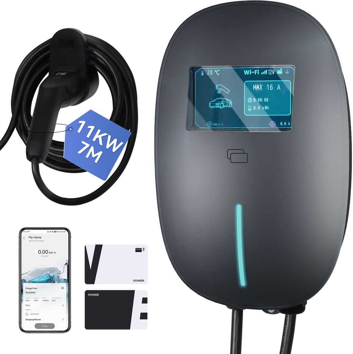 Puluomis - Wallbox EV Charger 11 kW - Smartcharge laadpaal met app - 7 meter kabel - Type 2 - 3-fase - 6–16A instelbaar - Grijs