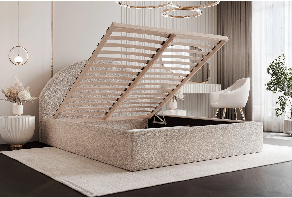 Laura Gestoffeerd Opbergbed 200x200 cm – Luxe Bouclé Tweepersoons Bed met Lattenbodem en Opbergruimte – Modern Design met Halfrond Hoofdbord – Beige – 210x208x110 cm – Velora Dream Bed – Laura