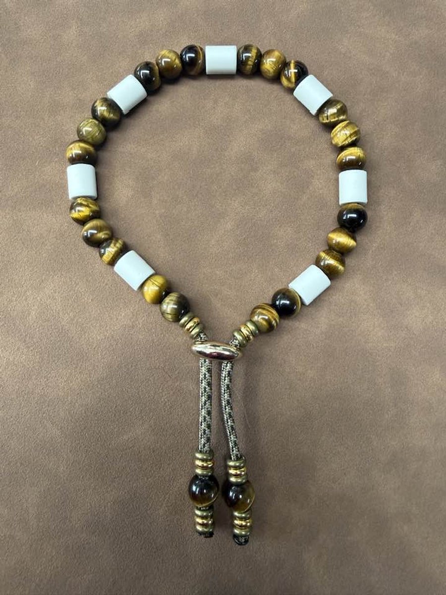 Anti-tekenband ketting - natuursteen - gele tijgeroog - hond - lengte 30 cm - nekomvang vanaf 28 tot en met 34 cm - originele EM-X kralen lichtgrijs - S - bruin/beige