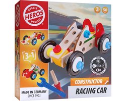 Heros Constructor Raceauto – Constructiespeelgoed – 3-in-1 – 50 Onderdelen – Houten Bouwset – FSC Hout – Gemaakt in Duitsland – Zelf Bouwen – Vanaf 4 Jaar