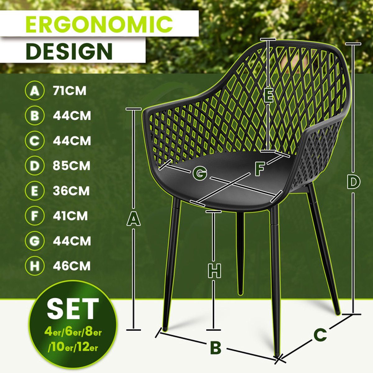 EGGREE Tuinstoelen voor buiten - set van 4 - kunststof stoelen met armleuningen en metalen poten - tuinstoelen voor buiten voor het terras - balkon - eetkamer en woonkamer - rugleuning met opengewerkt ontwerp - zwart thumbnail 3