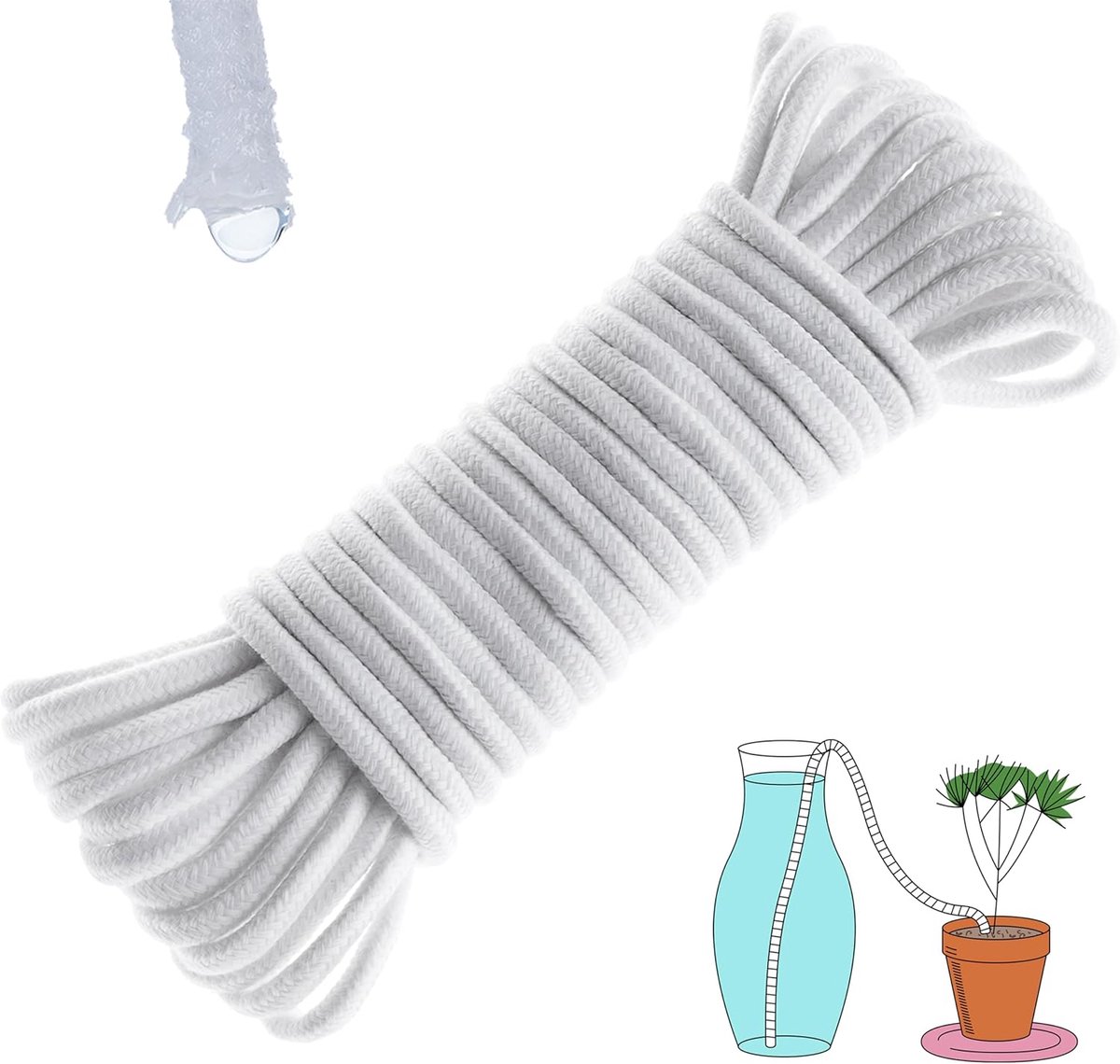 Planten Watergeef Touw 9m x 6mm - Capillair Bewateringssysteem - DIY Automatisch Druppelen - Voor Vakantie Plantenverzorging - Herbruikbaar Nylon - Geschikt voor Hydrocultuur - Eenvoudige Installatie
