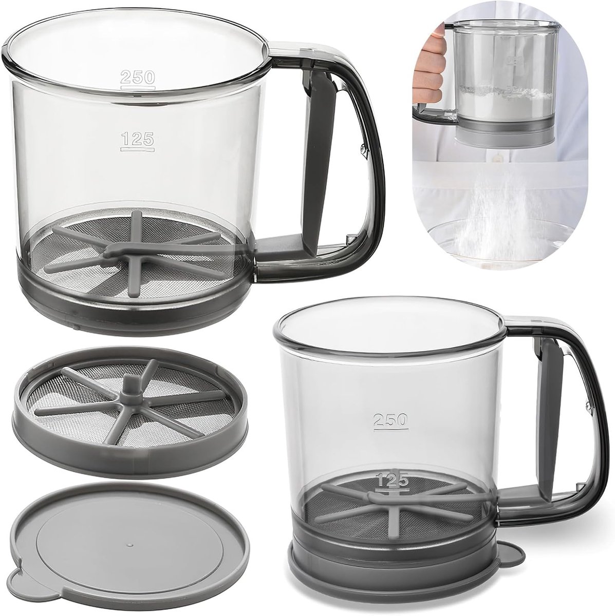 Flour Sifter Voor Bakken - Dubbellaagse bloemzeef met deksel - Halfautomatische handbloemzeef - Met maatstrepen - Geschikt voor koken, bakken, keukengebruik en doe-het-zelfprojecten