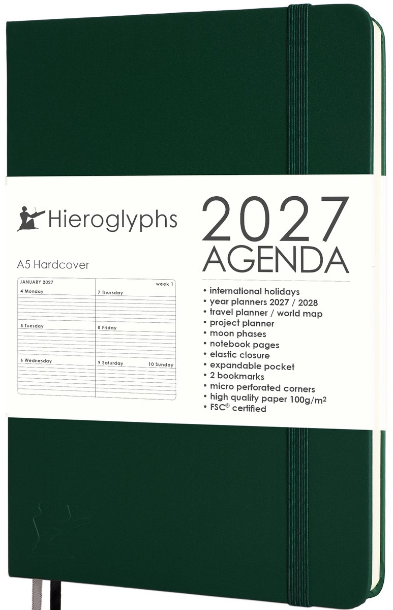 Hieroglyphs Agenda 2027 A5 - 1 Week op 2 pagina's - Harde Kaft - Elastiek - Opbergvak - 2 Bladwijzers - Weekagenda Jaaragenda Volwassenen - Groen