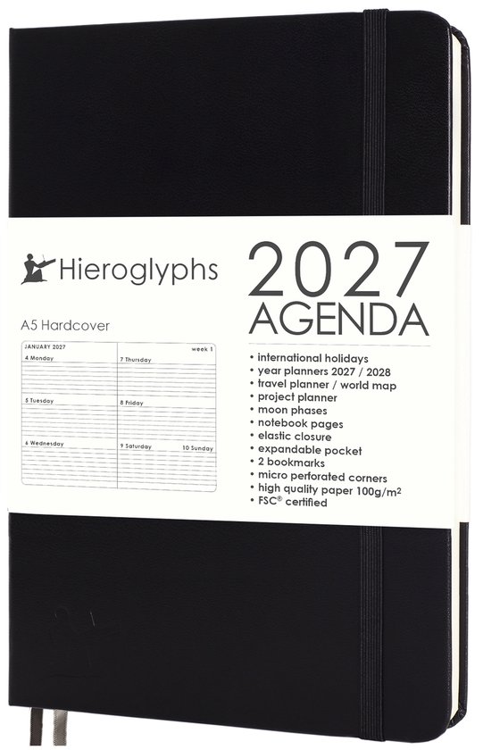 Hieroglyphs Agenda 2027 A5 - 1 Week op 2 pagina's - Harde Kaft - Elastiek - Opbergvak - 2 Bladwijzers - Weekagenda Jaaragenda Volwassenen - Zwart