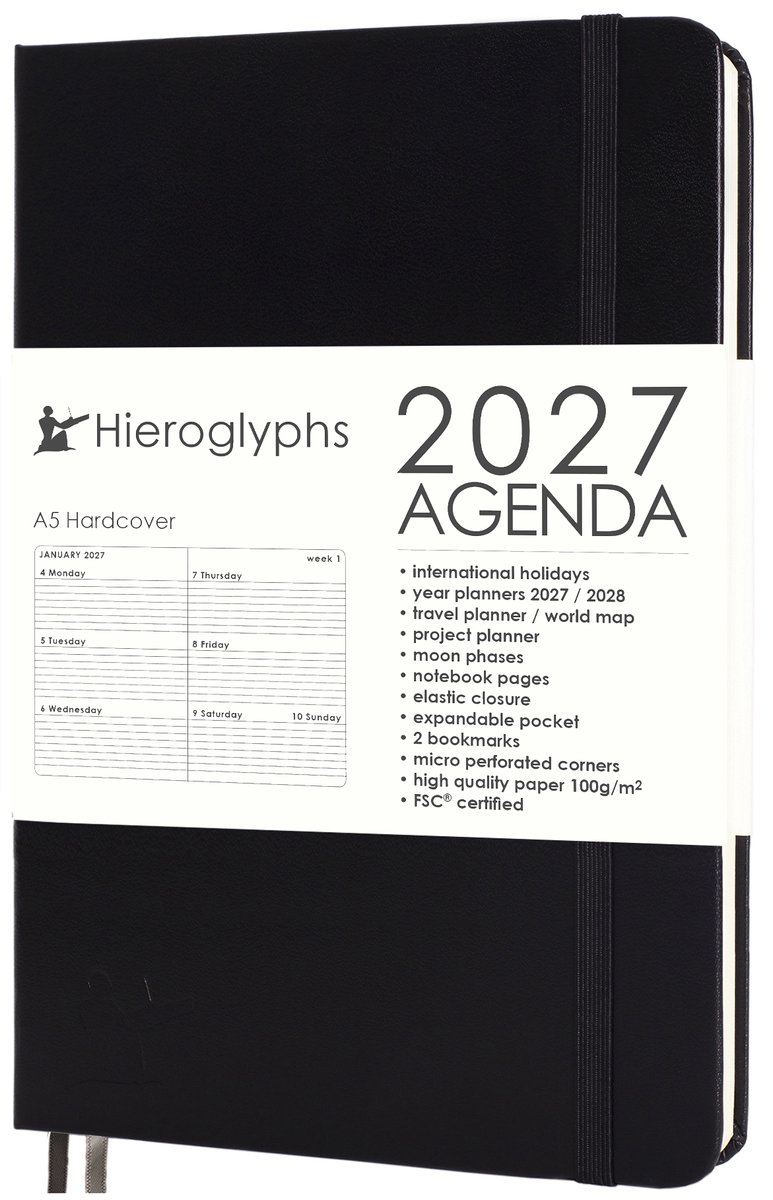 Hieroglyphs Agenda 2027 A5 - 1 Week op 2 pagina's - Harde Kaft - Elastiek - Opbergvak - 2 Bladwijzers - Weekagenda Jaaragenda Volwassenen - Zwart