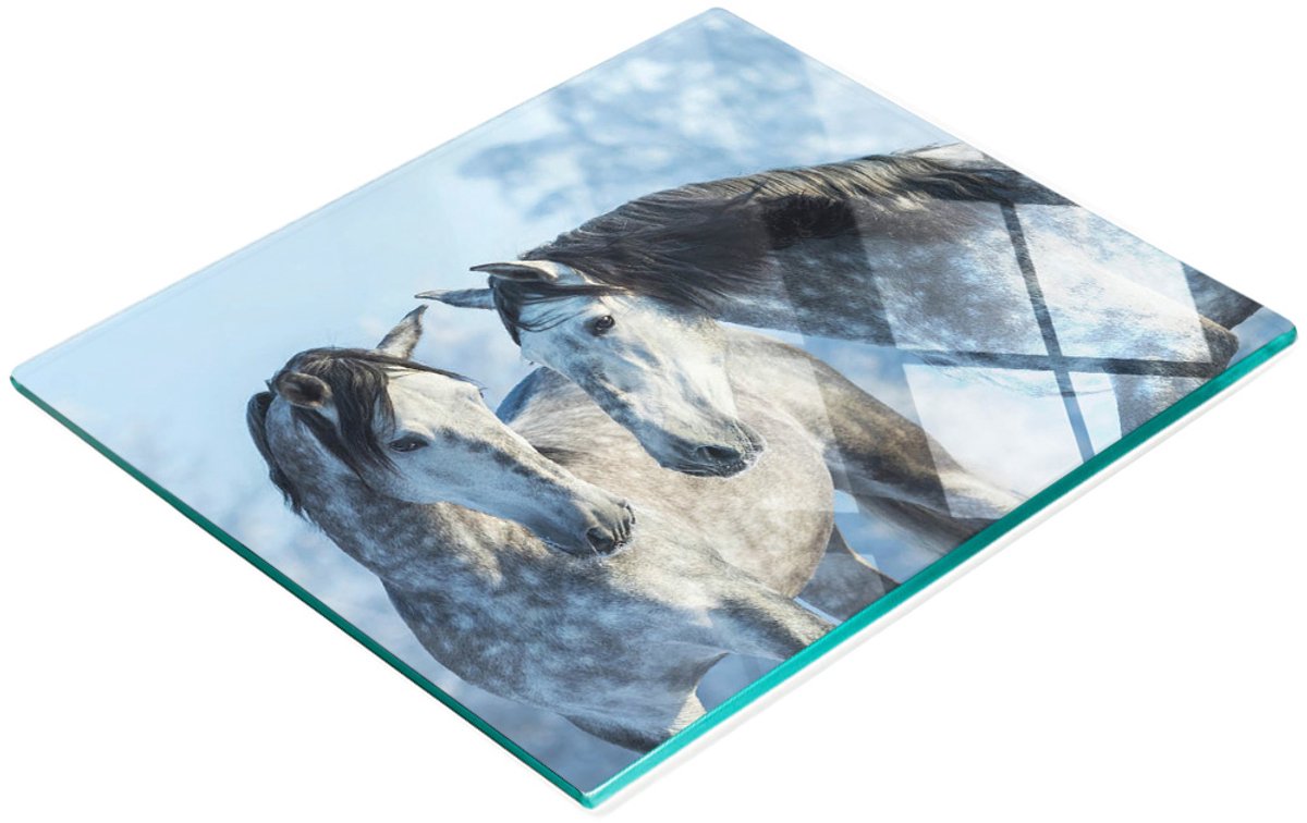 Glazen serveerplank met afbeelding van grijze paarden in de winter, 60x52 cm