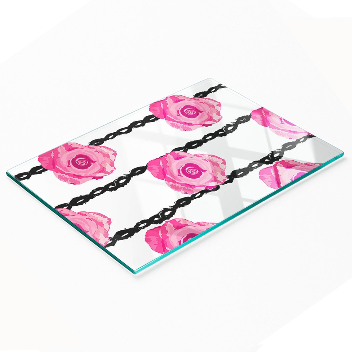 Serveerplank van gehard glas met rozenmotief, 80x52 cm