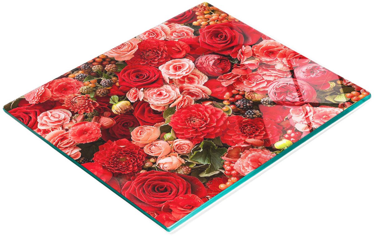 Multifunctionele decoratieve glazen snijplank voor de keuken met rode bloemen, 60x52 cm
