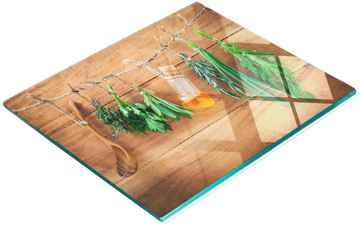Decoratieve snijplank van gehard glas met kruidenkoord 60x52 cm
