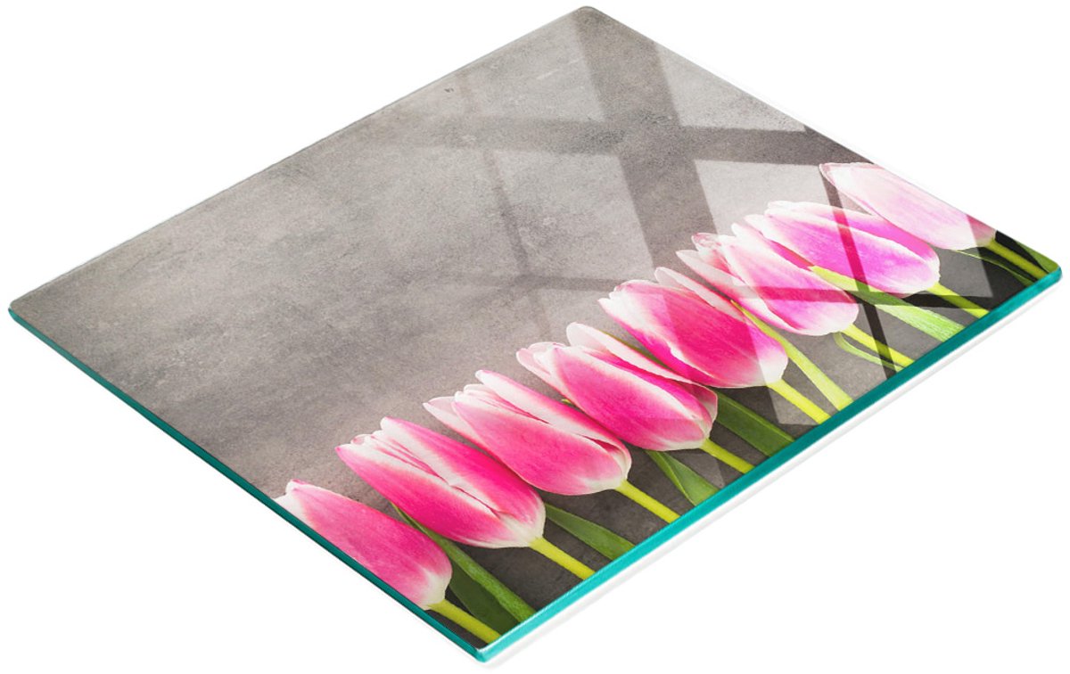 Decoratieve glazen snijplank met roze tulpenmotief, 60x52 cm
