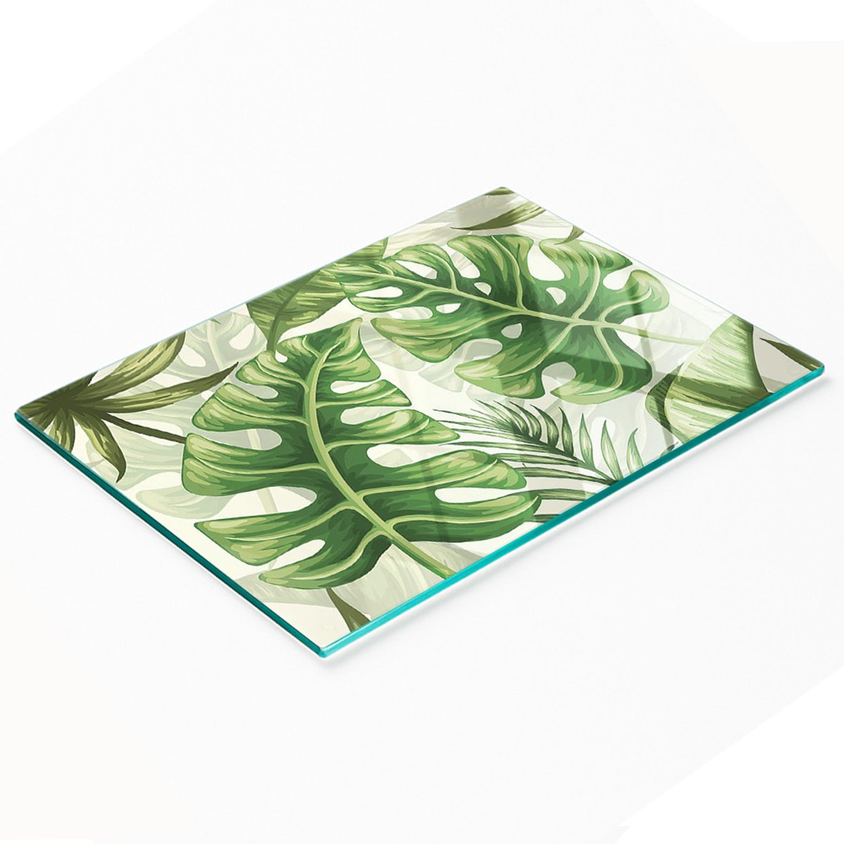 Glazen serveerplank met tropische bladeren, 80x52 cm