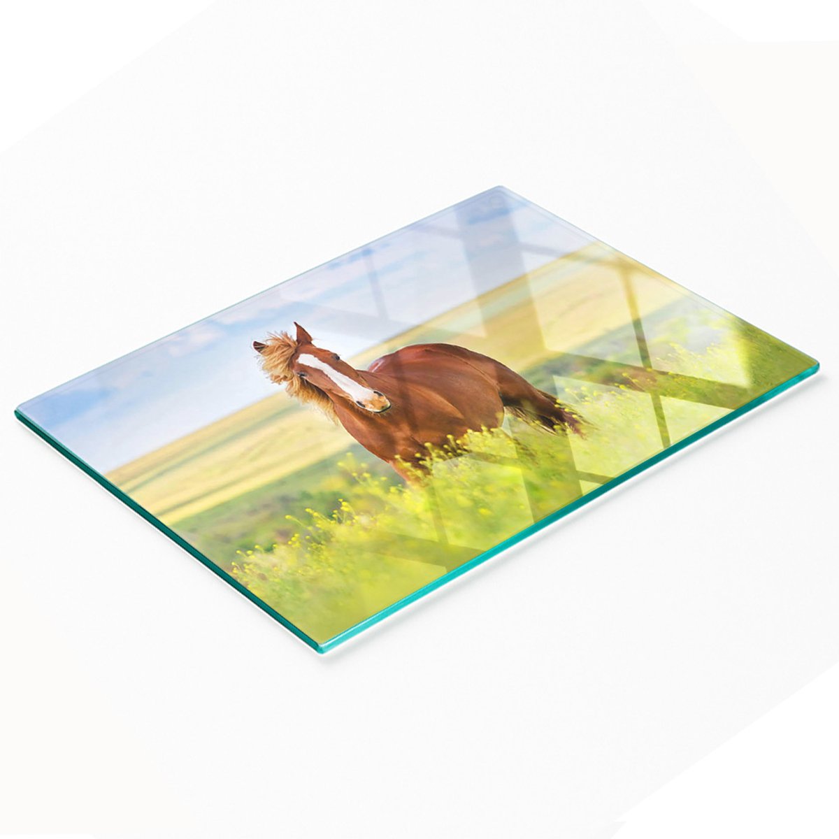 Keukenplank van gehard glas met decoratieve afbeelding van een bruin paard, 80x52 cm