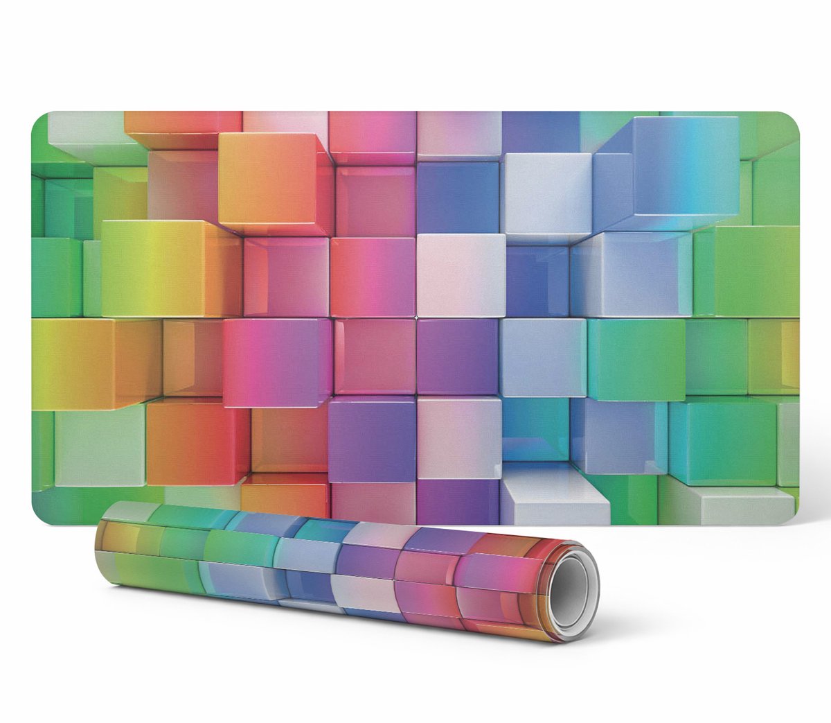 Moderne vinyl toetsenbordmat met kleurrijke 3D-kubussen, 90x45 cm