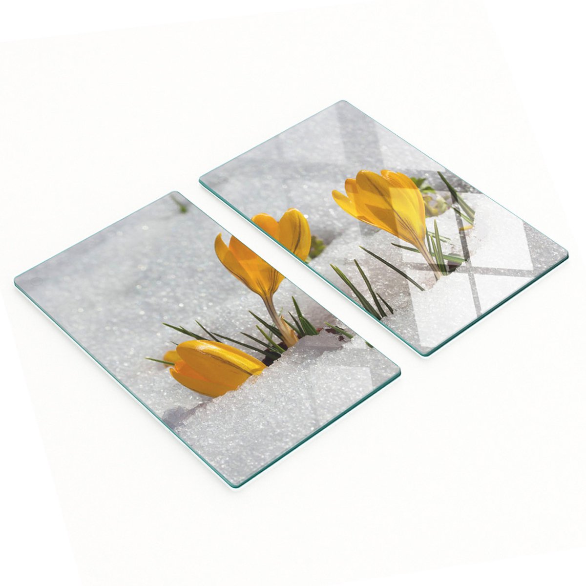 Keukenplanken van gehard glas met afbeelding van krokussen in de sneeuw, 2x30x52 cm