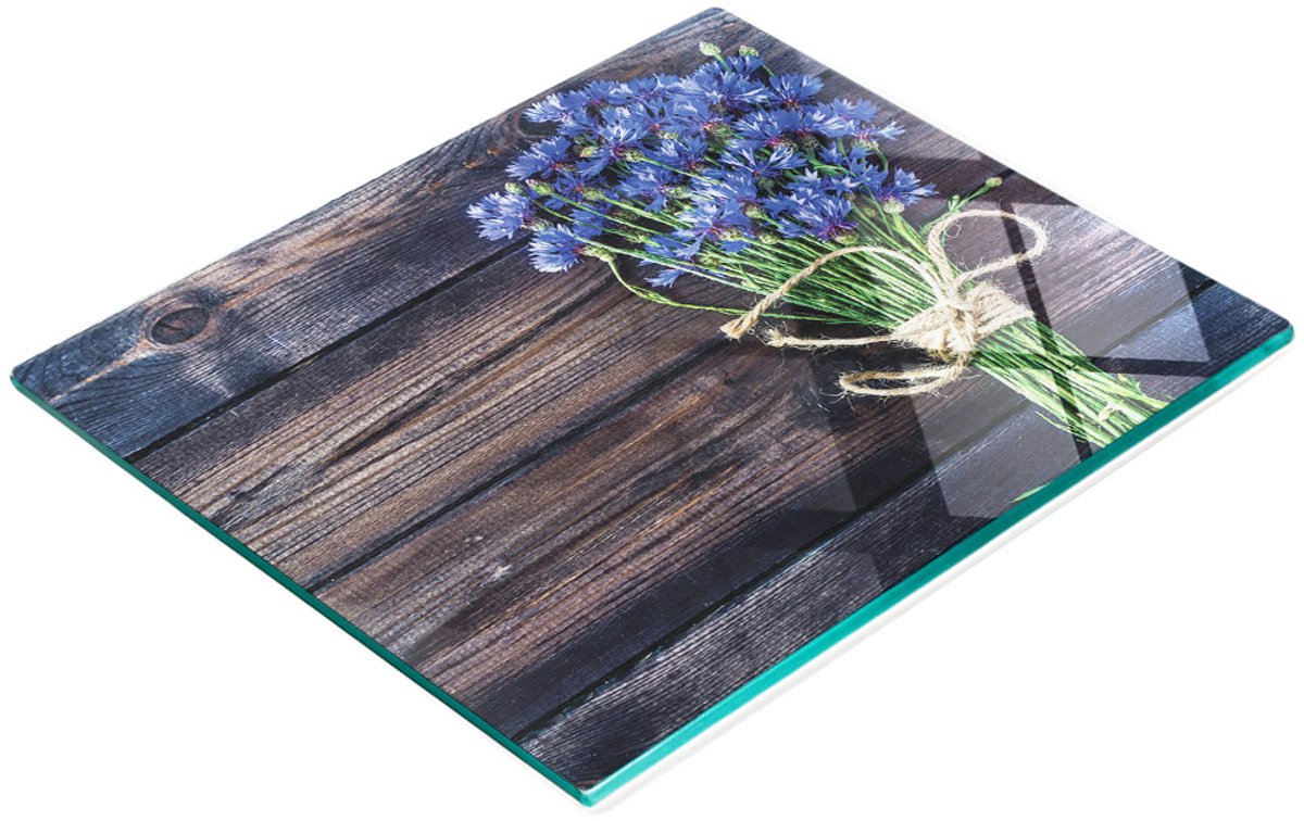 Glazen serveerplank met afbeelding van blauwe korenbloemen, 60x52 cm