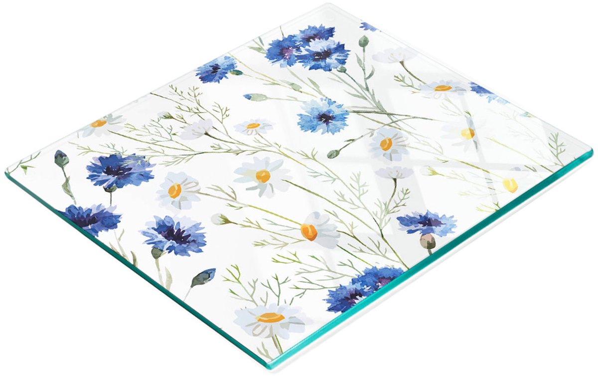 Multifunctioneel decoratief keukenbord van gehard glas met korenbloemmotief, 60x52 cm
