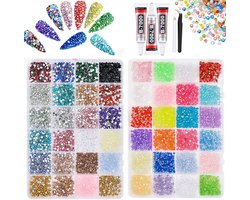 Luxe Strasssteentjes Set - 2 stuks - 48 kleuren - Strass stenen in doos - DIY Strasstenen - Lijm met pincet - plaksteentjes - 3mm - voor ambacht, kleding, mokken, schoenen, stof, nagelkunst - voor doe-het-zelf nagels