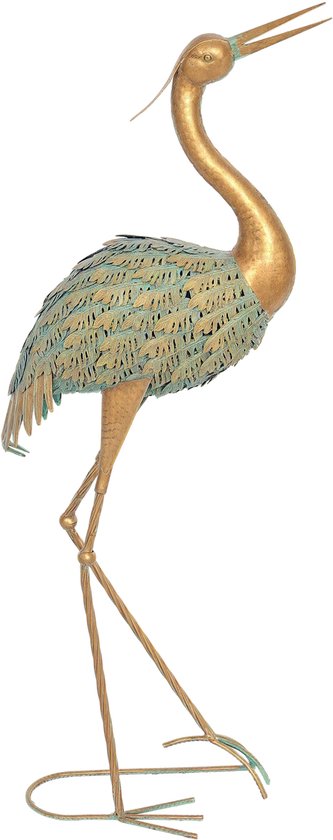 Ornement de grue en métal doré avec des plumes détaillées et de longues pattes, isolé sur blanc.