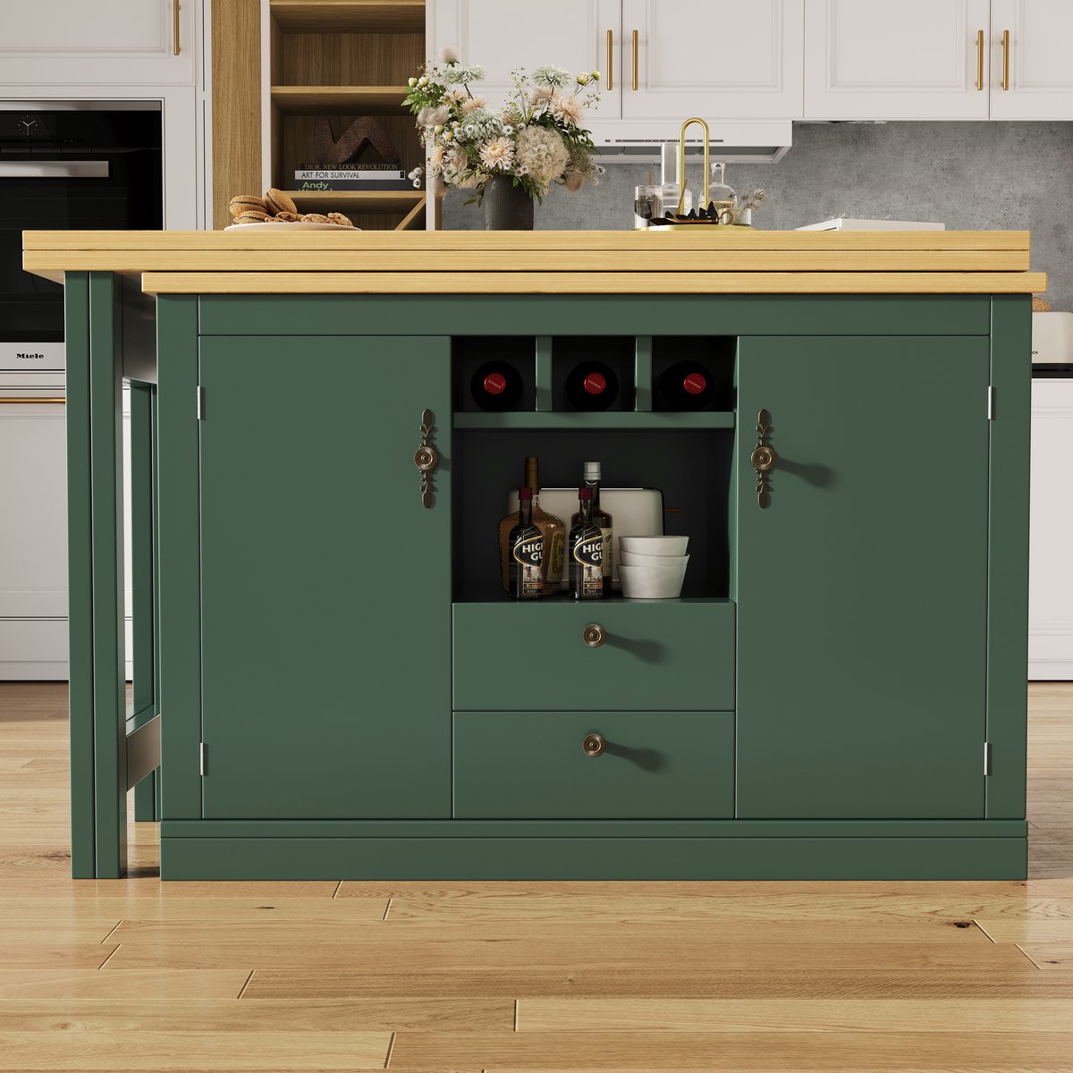 MODFU - Bartafel - Uitschuifbaar En Draaibaar - Modern - MDF - Antiekgroen - 120-180 X 40 X 76 Cm