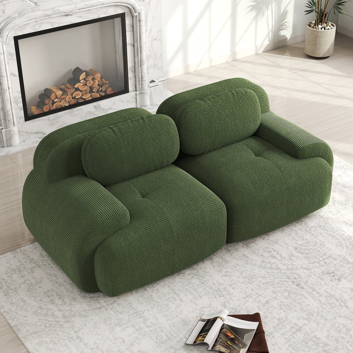 MODFU Modulaire Hoekbank – Zonder frame met gebogen armleuningen – Eenvoudig design – Ribstof – 32D schuim – Antislip – Groen Groente