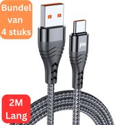 Câble USB C - USB 3.0 vers USB C - Lot de 4 - 6A66W - 10 Gbit/s - 2 mètres - USB C vers USB A - Chargeur rapide - Chargeur - Câble de charge - Nylon tressé - Zwart