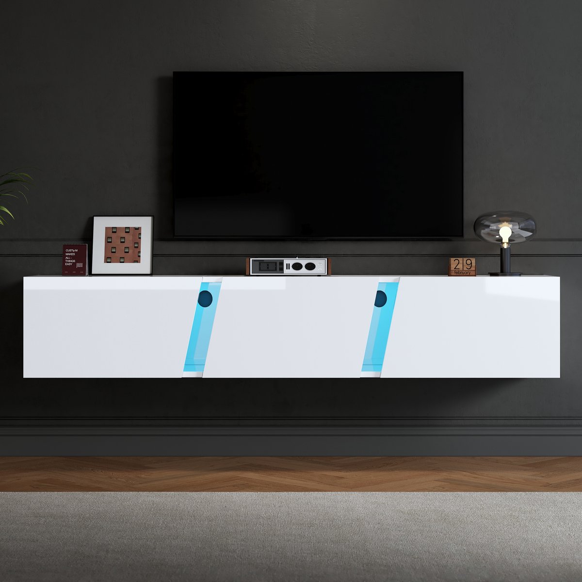 MODFU Wandgemonteerd Tv-Meubel - Zwevend - Met Ledverlichting - Modern - Woonkamer - Spaanplaat En Acryl - Wit - 180 X 35 X 30 Cm