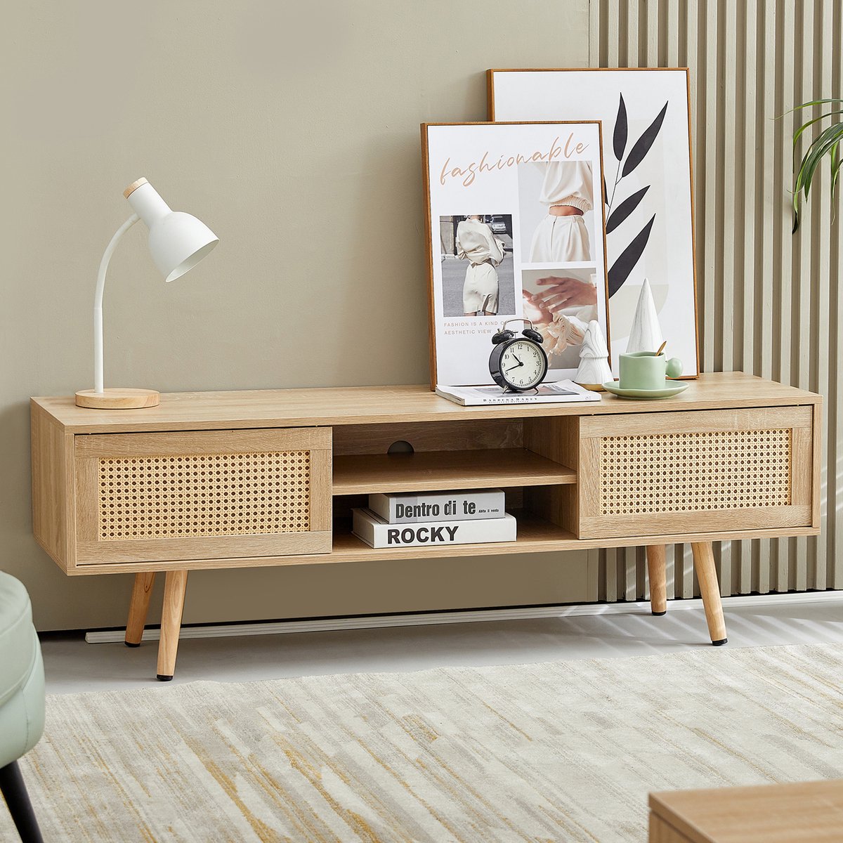 MODFU - TV Meubel - Rattan - Schuifdeuren - Opbergruimte - Natuurlijk Hout