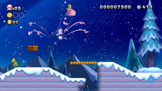 Prinses Peach in roze jurk zweeft naar gouden sterren boven een besneeuwd landschap.