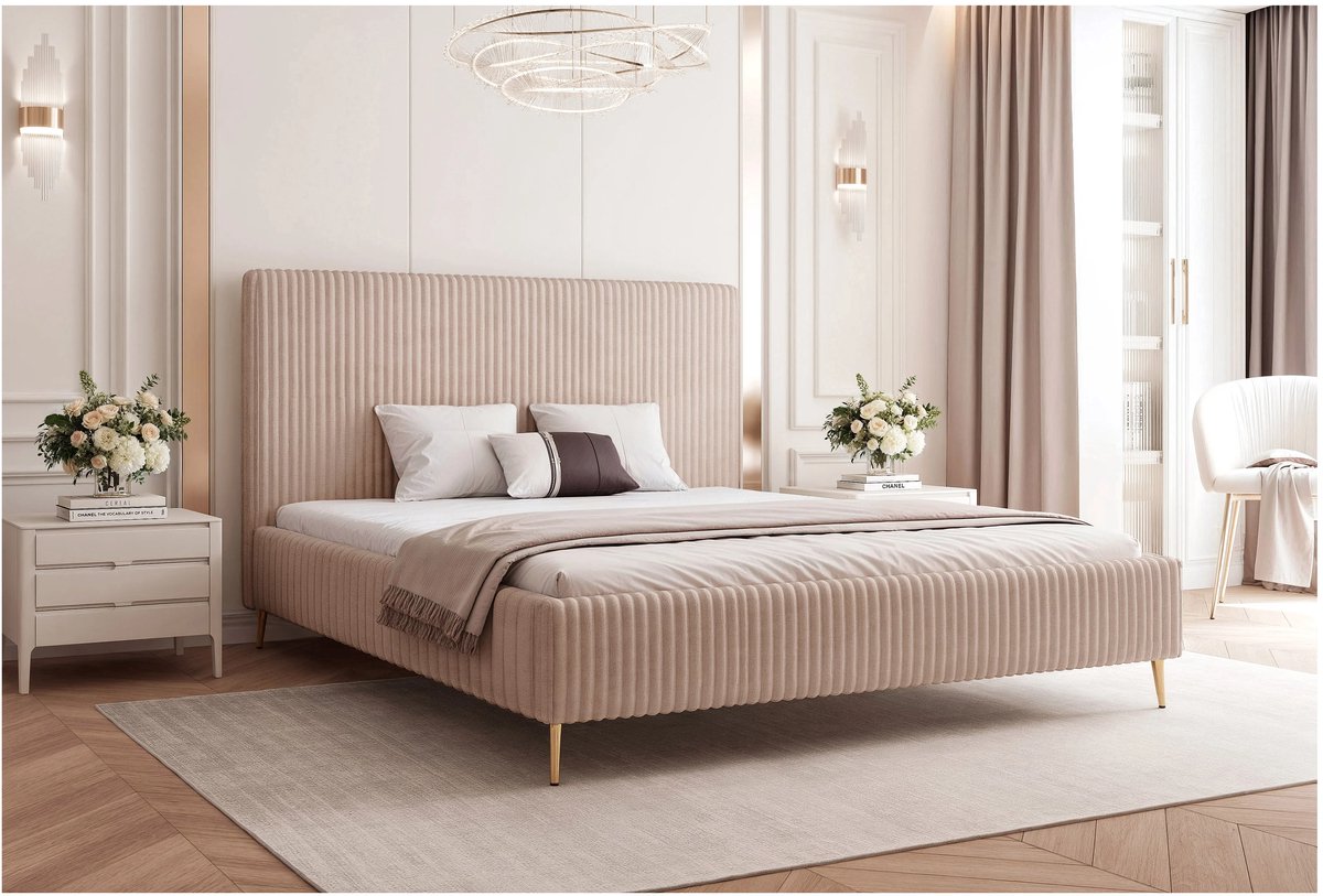 Laura Gestoffeerd Opbergbed 200x200 cm – Luxe Tweepersoons Bed met Lattenbodem en Opbergruimte – Moderne Slim-Constructie met Gouden Poten – Beige – Laura