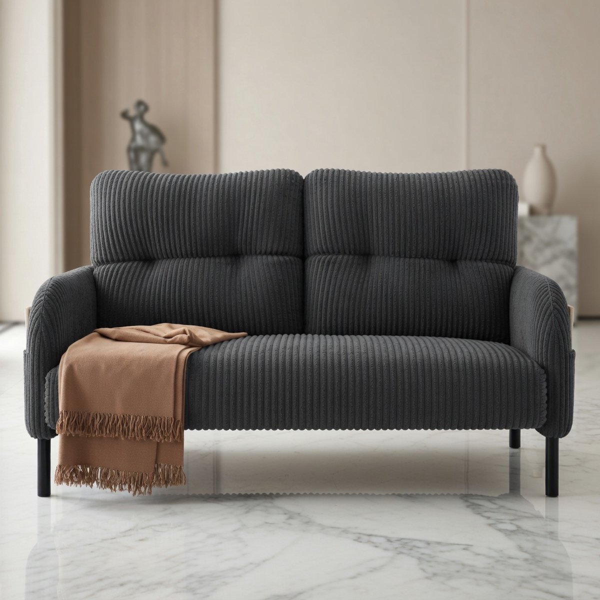 Luxe 2-Zits Bank van Corduroy – Comfortabele Loveseat met Hoge Rugleuning, Opbergvakken & Metalen Poten – Moderne Zitbank voor Woonkamer, Slaapkamer & Kantoor – Grijs House&Garden