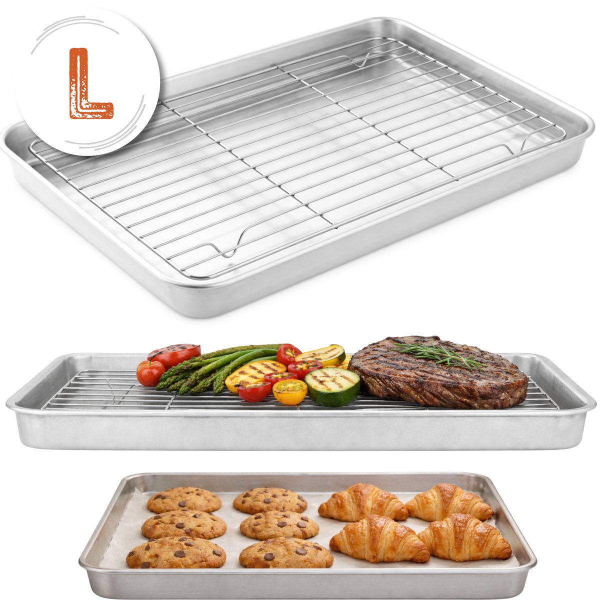 Braadslede met Afkoelrooster 304 RVS - 26,4 x 20,5 x 3 cm – Bakplaat voor Oven, BBQ & Airfryer – Zilver
