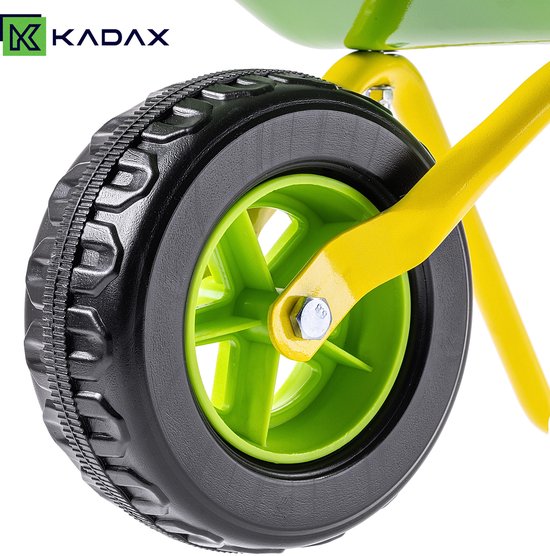 KADAX metalen kinderkruiwagen, tuinkruiwagen voor kinderen, tuingereedschap, kleine kruiwagen om mee te spelen en te helpen in de tuin, tuinspeelgoed (geel/groen) van KADAX — afbeelding 3