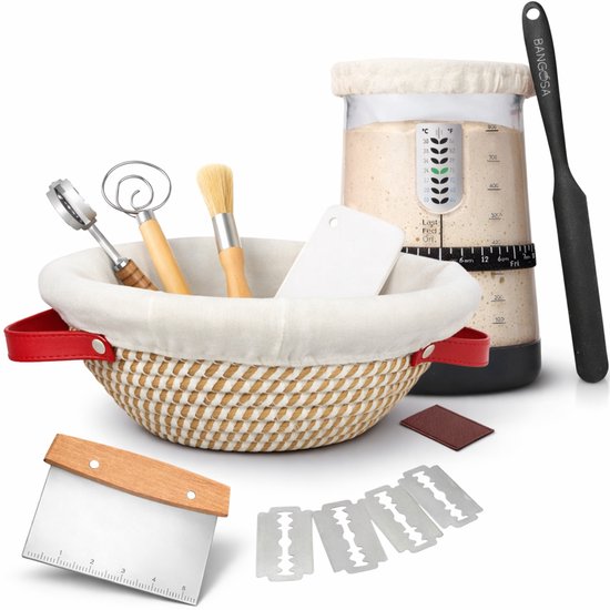 Bangosa Zuurdesem Starter Set en Broodbak Set – Complete Set met Machinewasbare Rijsmand, Deegmes & Fermentatiepot – Voor Thuisbakkers