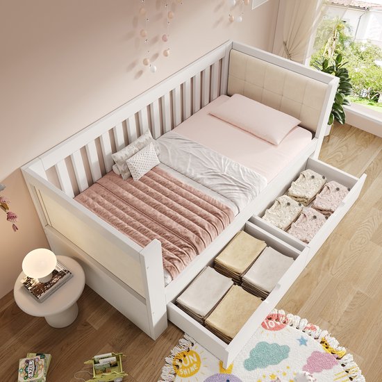 HAUSS SPOLE Lit de repos en bois 90x190cm - Avec 2 tiroirs de rangement et dossier à trois côtés - Sans matelas - Sommier à lattes intégré pour éviter le glissement - Pour chambre ou studio - Blanc