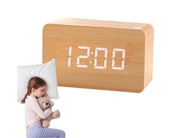 Wekker - Digitale Wekker - Bureauklok - Bureauklok – LED klok - LED wekker - Groot led-display - Week modus - Weekend modus - Herhaalfunctie - Slaapkamer - Thuis - Kantoor - 7*10*4cm - Bamboe en houtkleur