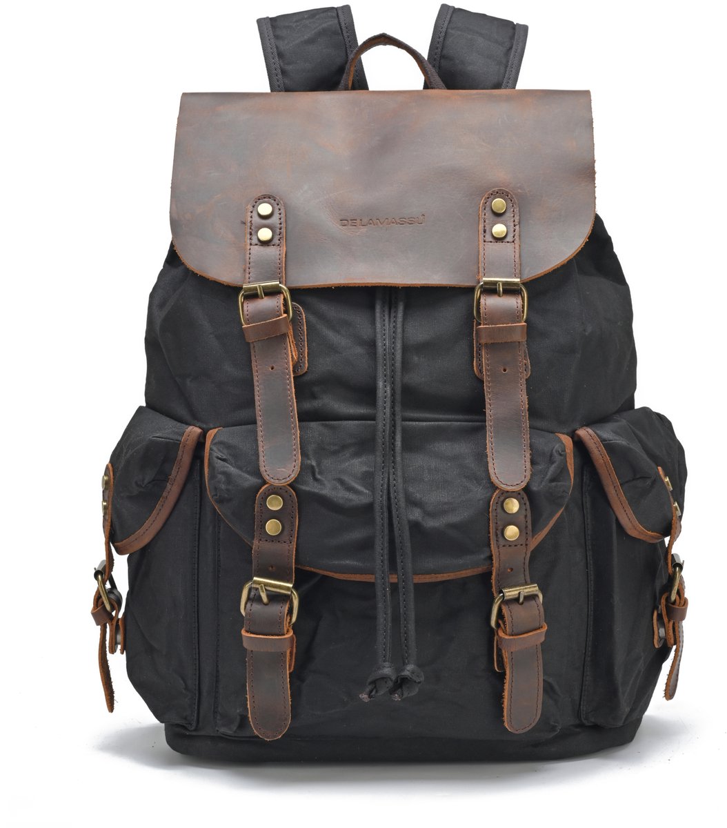 DE LAMASSU® Vintage Canvas Rugzak 16 inch Laptop – 24L – Waterafstotend – Echt Leer – 33x15,5x47 cm – Unisex Werk & Reizen
