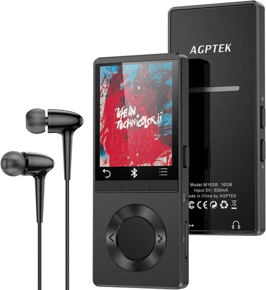 Zwarte AGPTEK MP3-speler met cirkelvormige bediening, oortjes en metalen behuizing.