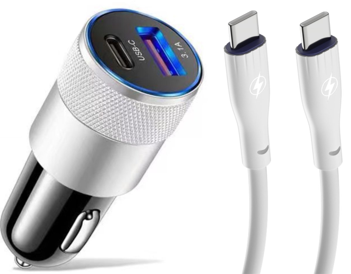Autolader - USB-C + USB-A - Inclusief USB-C naar USB-C Kabel 1m - Snellader - Zilver/Zwart