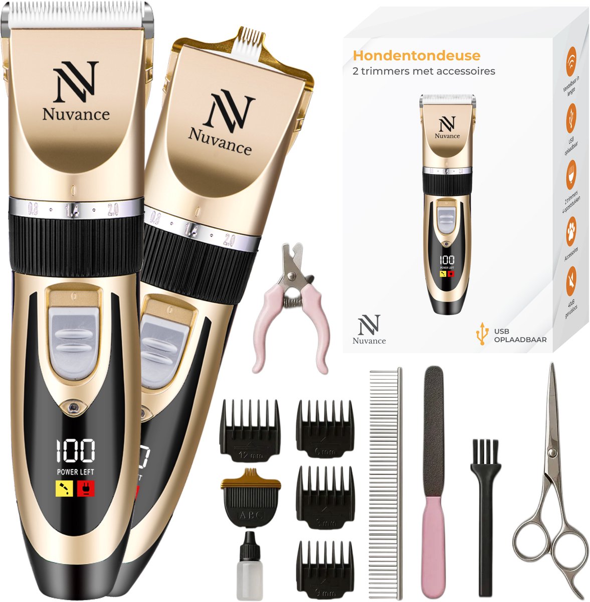 Bol.com Nuvance Hondentondeuse - Tondeuse Hond & Kat - Set - Hondentrimmer - Draadloos - met 6 Opzetstukken & Accessoires aanbieding