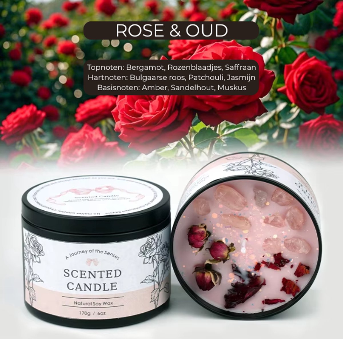 Luxe Geurkaars Rose & Oud – Sojawas Scented Candle 170g – Roos, Oud & Sandelhout – Aromatherapie Kaars met Amber en Muskus – Cadeau voor Haar
