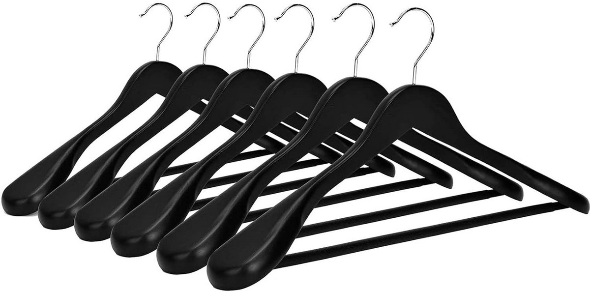 Massief Houten Extra Brede Kleerhangers met Zwarte Afwerking - 6 Stuks