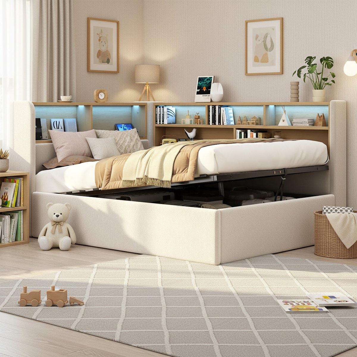 MODFU - Bedframe 90x200 cm – Daybed met hydraulische opslag, LED & USB – Beige fluweel