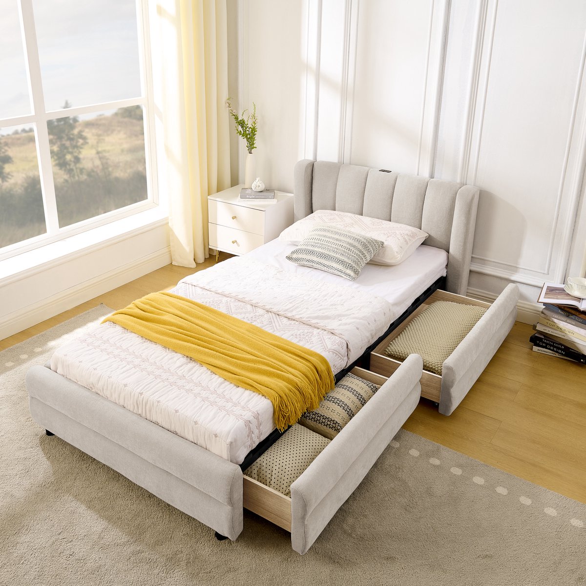 MODFU Bedframe 90x200 cm – Beige chenille bed met 2 lades & USB/Type-C – Ergonomisch hoofdbord – Perfect voor kinderkamer of logeerkamer