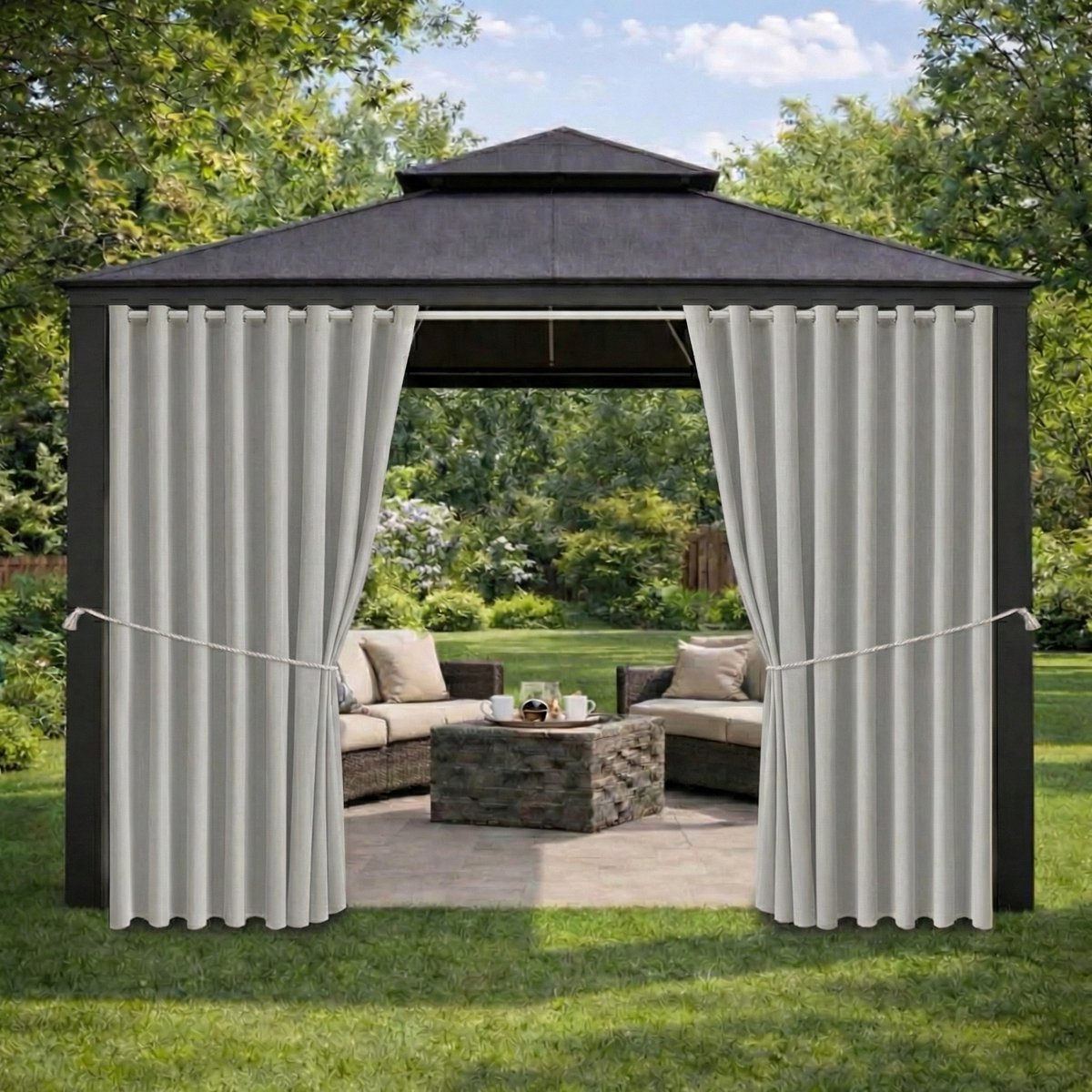 Qelus 2 Stuks Extra Breed Buitengordijnen Waterdicht 180cm - Outdoor Gordijn Verduisterend - Weerbestendig Balkongordijn - Rideau Extérieur Imperméable - 180x274cm - Lichtgrijs