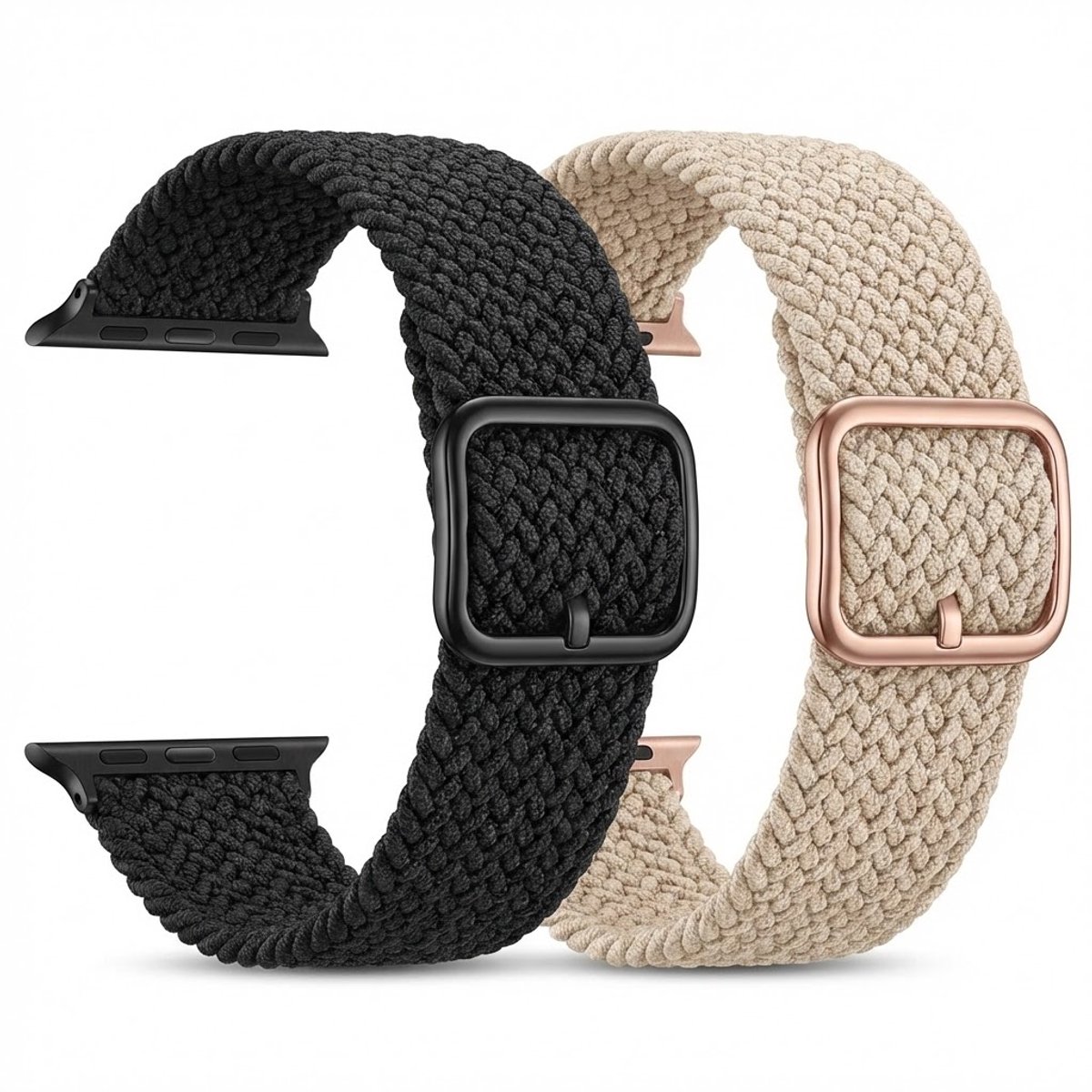Beige zwart nylon horloge band 2 pack dames heren geschikt voor Apple Watch 38 mm / 40 mm / 41 mm / 42 mm (serie 10 / 11)m – rekbare band – gevlochten verstelbare stijl