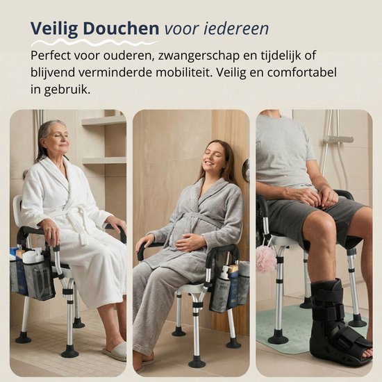 BY JRM® Douchestoel - Douchekruk - Incl. badset, douche puff en douchekophouder - Met Armleuning - Hoogte Verstelbaar - Antislip - Zwart