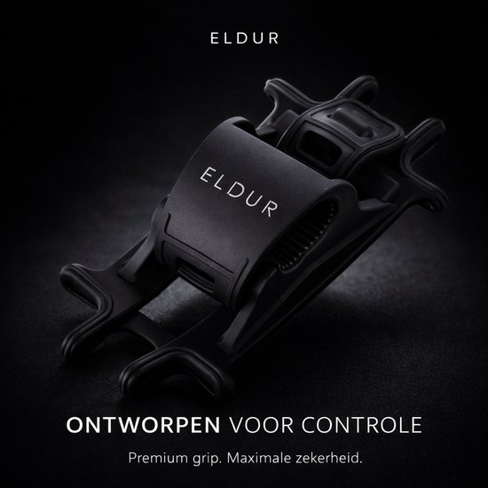 Zwarte Eldur telefoonhouder op een donkere achtergrond met tekst 'ONTWORPEN VOOR CONTROLE'.